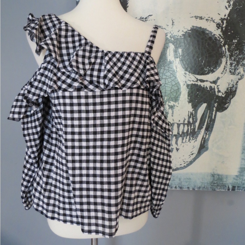 Express Cold Shoulder Gingham Ruffle Blouse
